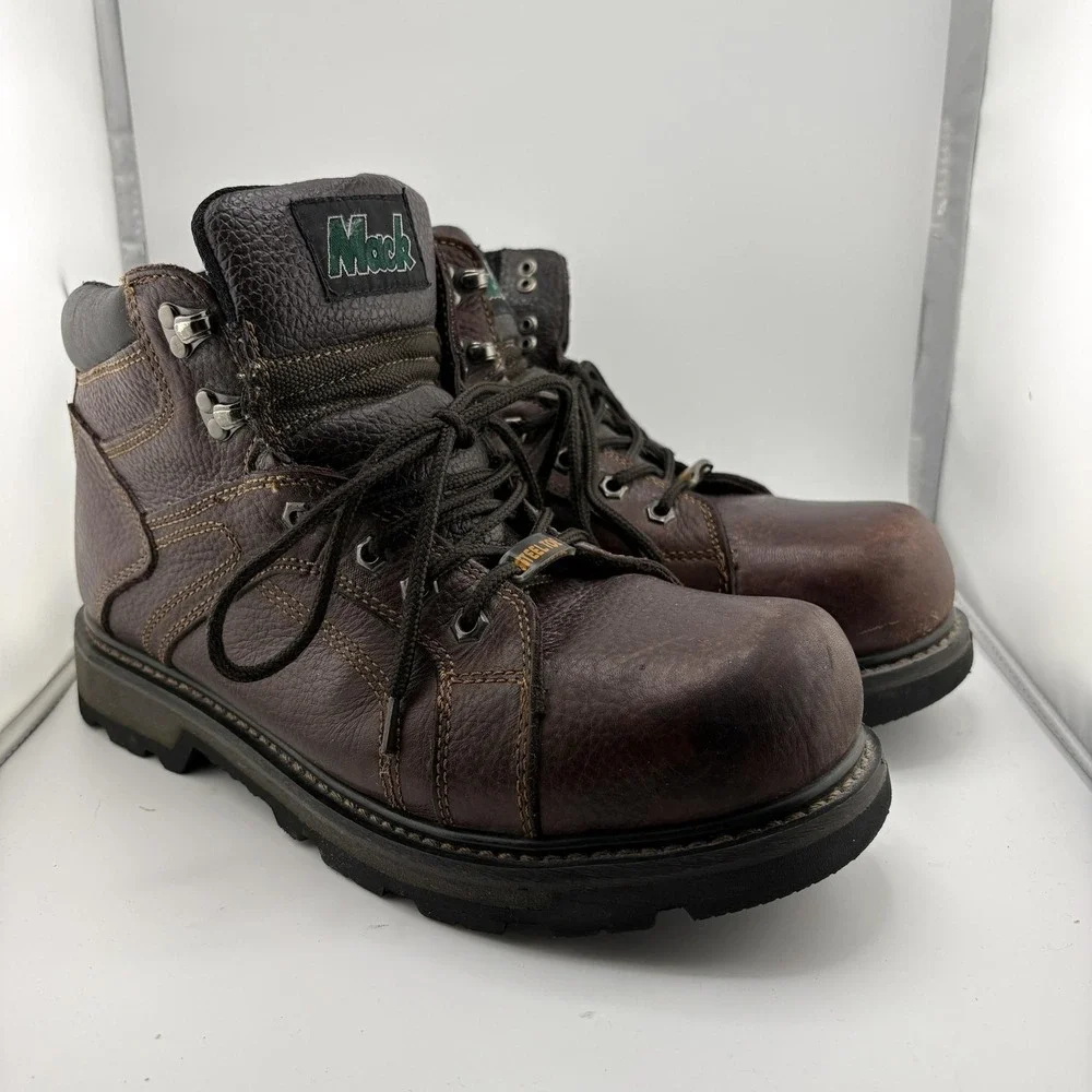 Mack Boots Mens 10 Brown Leather Steel Toe Work Slip Oil Resistant Ankle Safety